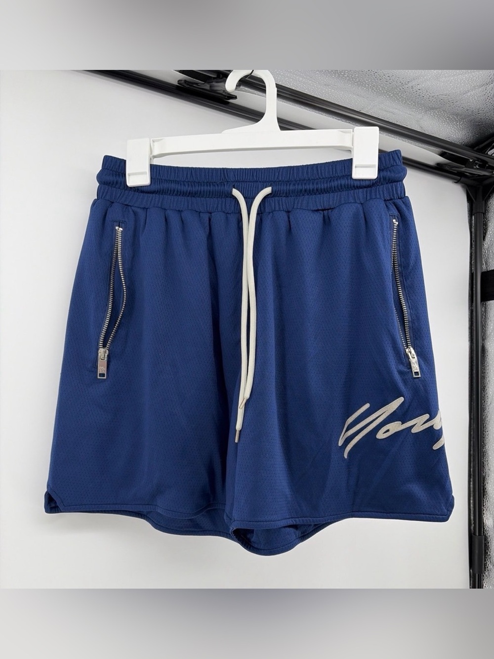 YoungLA Men's Blue Athletic Mesh Gym Shorts with Zipper Pockets-Size L
